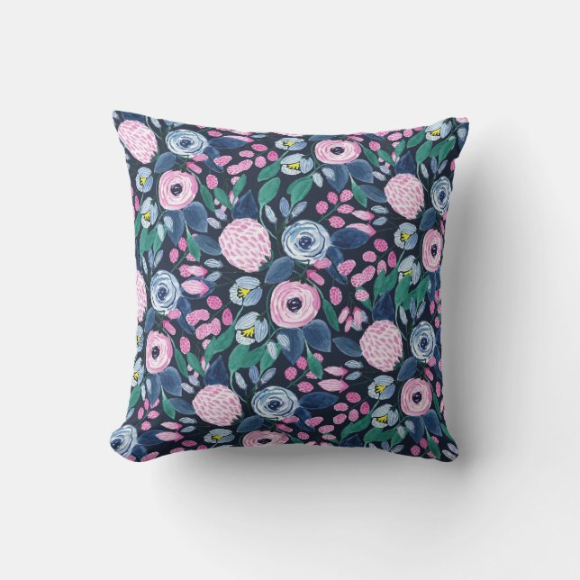 Pink Navy Blue Floral Bouquet Watercolor Pattern Outdoor Pillow (Front)