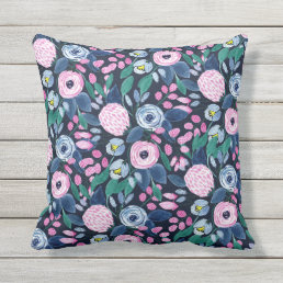 Pink Navy Blue Floral Bouquet Watercolor Pattern Outdoor Pillow