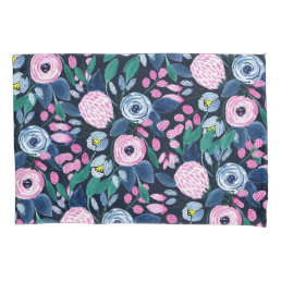 Pink Navy Blue Floral Bouquet Watercolor Pattern Pillow Case