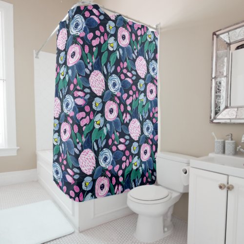 Pink Navy Blue Floral Bouquet Watercolor Pattern Shower Curtain
