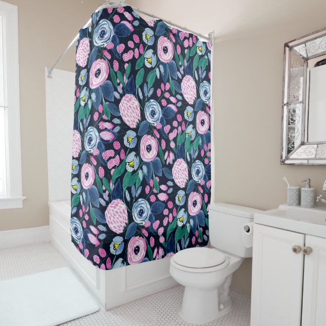 Pink Navy Blue Floral Bouquet Watercolor Pattern Shower Curtain (In Situ)