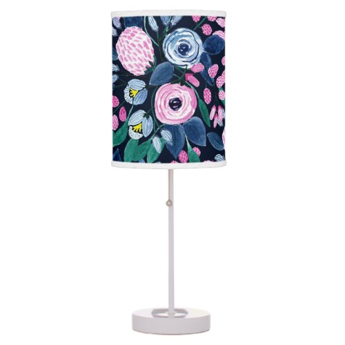 Pink Navy Blue Floral Bouquet Watercolor Pattern Table Lamp