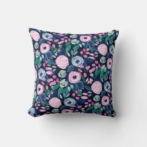 Pink Navy Blue Floral Bouquet Watercolor Pattern Throw Pillow