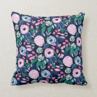 Pink Navy Blue Floral Bouquet Watercolor Pattern