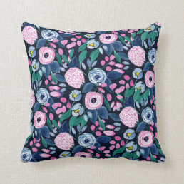 Pink Navy Blue Floral Bouquet Watercolor Pattern Throw Pillow