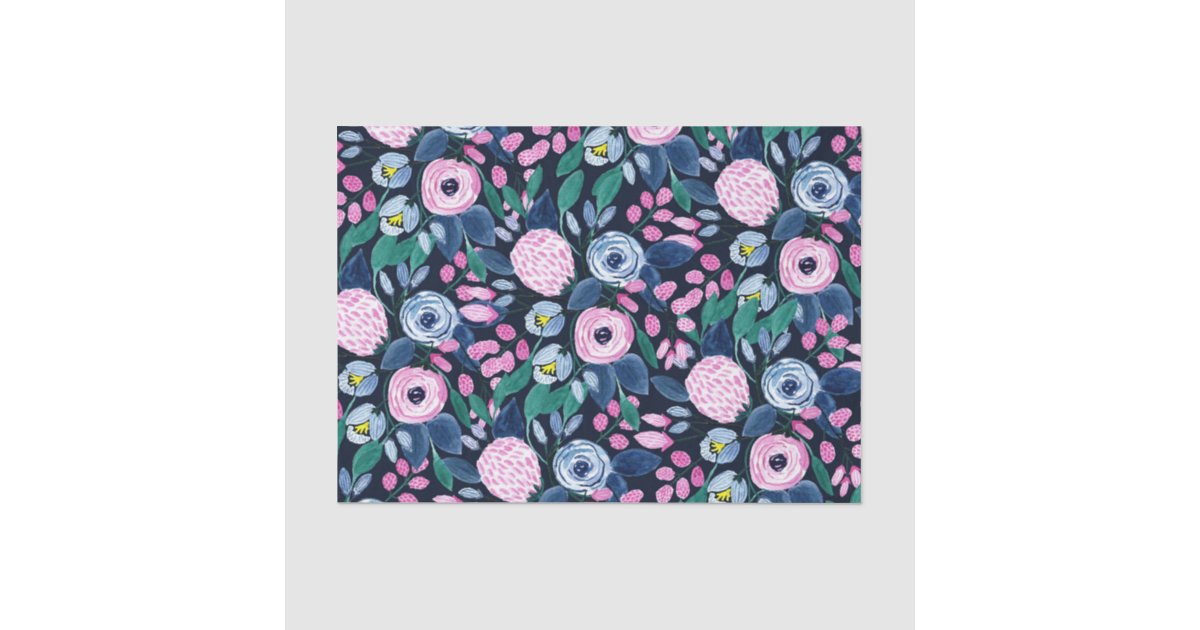 Pink Navy Blue Floral Bouquet Watercolor Pattern Tissue Paper | Zazzle