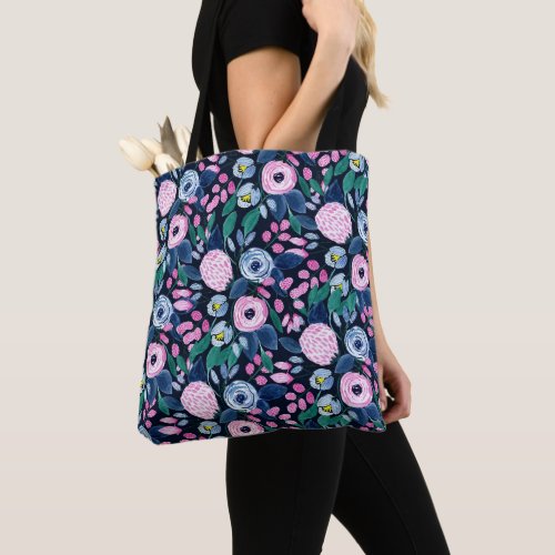 Pink Navy Blue Floral Bouquet Watercolor Pattern Tote Bag