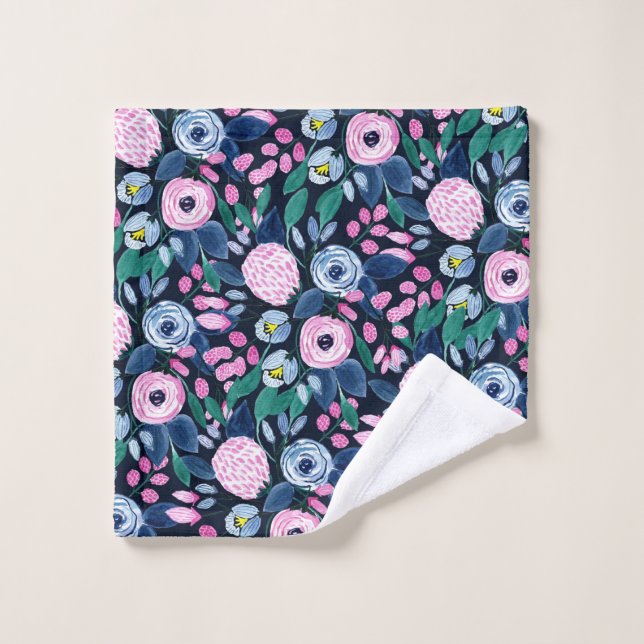 Pink Navy Blue Floral Bouquet Watercolor Pattern Wash Cloth (Wash Cloth)