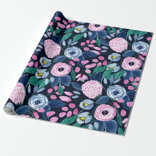 Pink Navy Blue Floral Bouquet Watercolor Pattern Wrapping Paper