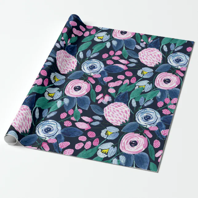 Pink Navy Blue Floral Bouquet Watercolor Pattern Wrapping Paper | Zazzle