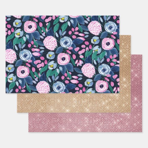 Pink Navy Blue Floral Bouquet Watercolor Pattern Wrapping Paper Sheets