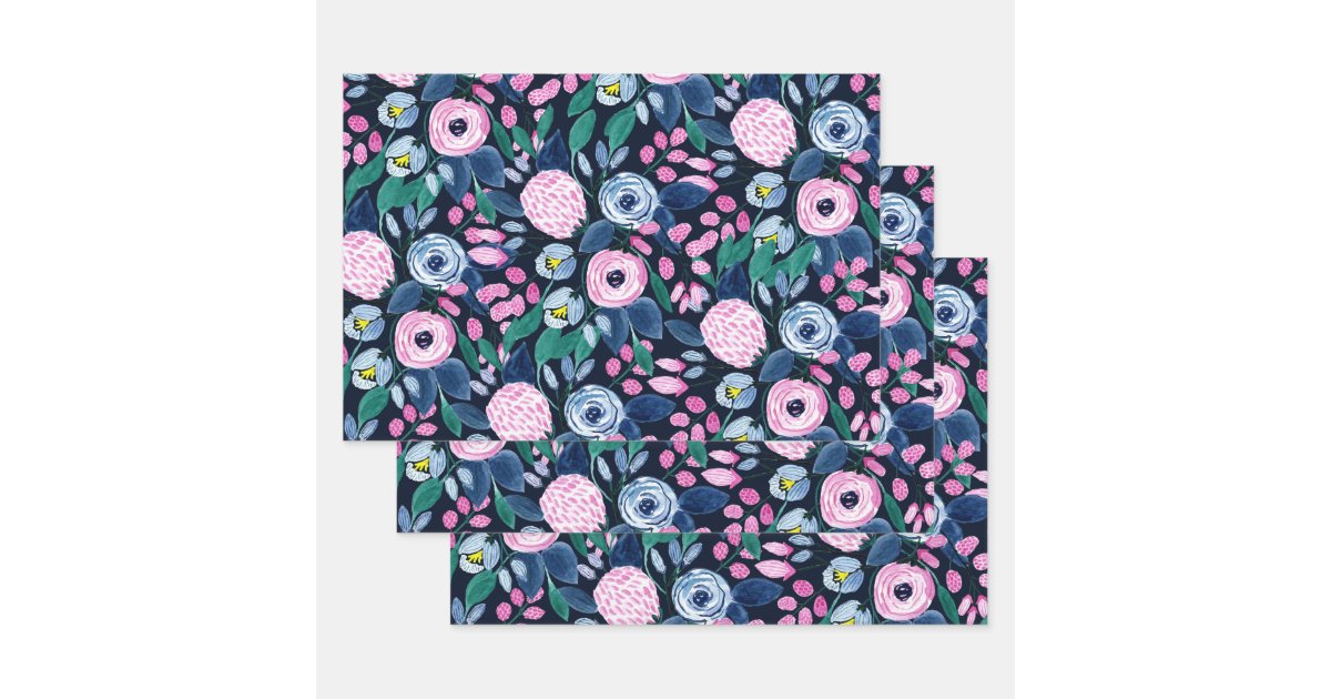 Pink Navy Blue Floral Bouquet Watercolor Pattern Wrapping Paper Sheets ...
