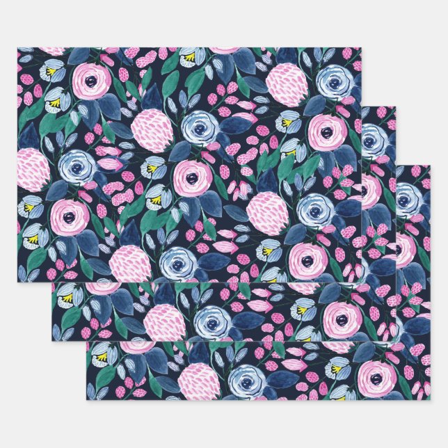 Pink Navy Blue Floral Bouquet Watercolor Pattern Wrapping Paper Sheets (Set)