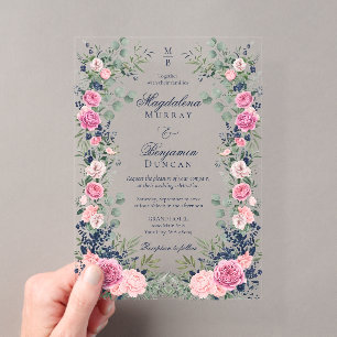 Pink Navy Blue Floral Eucalyptus Greenery Wedding Acrylic Invitations