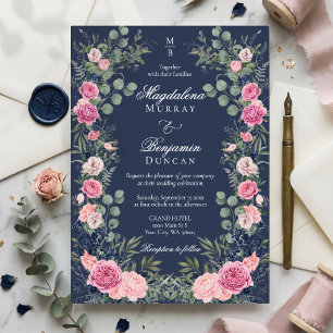 Pink Navy Blue Floral Eucalyptus Greenery Wedding Foil Invitation