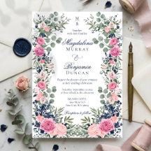 Pink Navy Blue Floral Eucalyptus Greenery Wedding