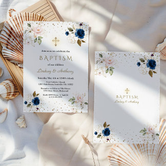 Pink Navy Blue Floral Gold Cross Twins Baptism   Invitation