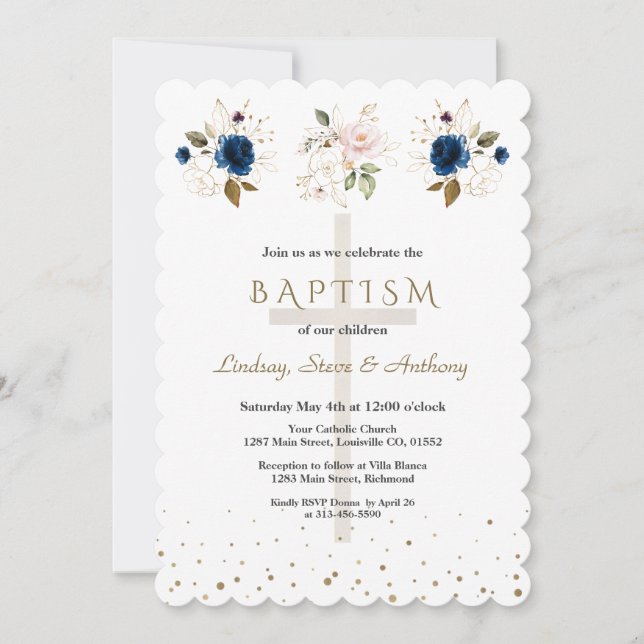 Pink Navy Blue Floral Gold Triplets Baptism   Invitation (Front)