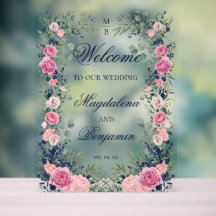 Pink Navy Blue Floral Greenery Wedding Welcome