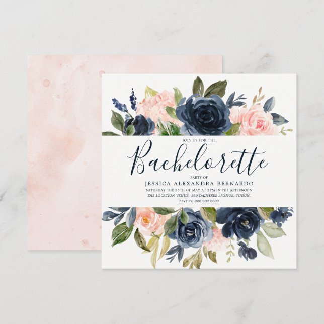 Pink & Navy Blue Flowers Bachelorette Party Invitation (Front/Back)