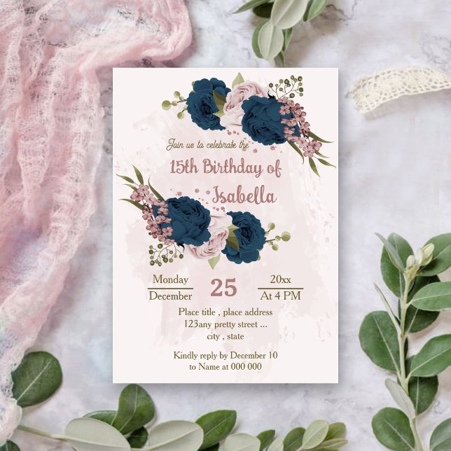 pink navy blue flowers botanical birthday invitation (Creator Uploaded)