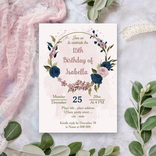 pink navy blue flowers botanical birthday