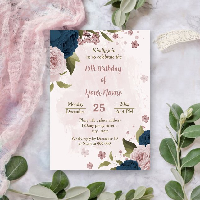 pink navy blue flowers botanical birthday invitation (Creator Uploaded)