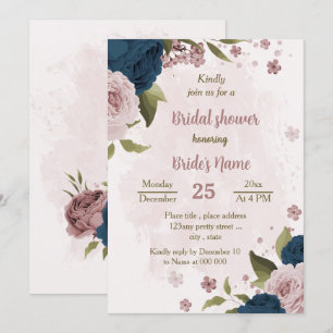 pink navy blue flowers botanical bridal shower invitation