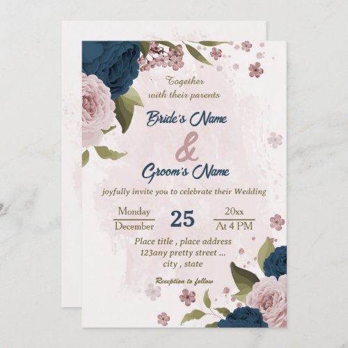 pink navy blue flowers botanical wedding invitation