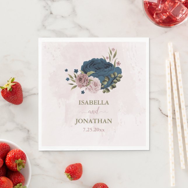 pink navy blue flowers botanical wedding napkins (Insitu)
