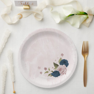pink navy blue flowers botanical wedding paper plates