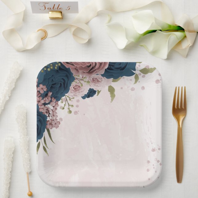 pink navy blue flowers botanical wedding paper plates (Wedding)
