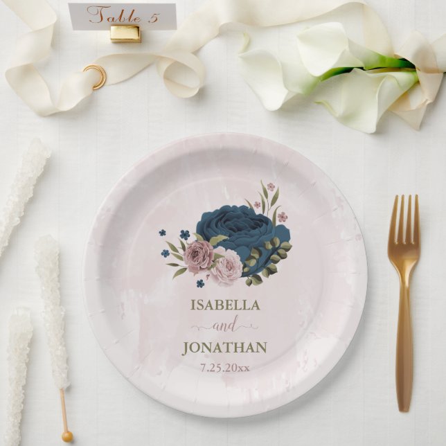 pink navy blue flowers botanical wedding paper plates (Wedding)