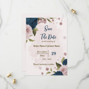 pink &navy blue flowers botanical wedding save the date