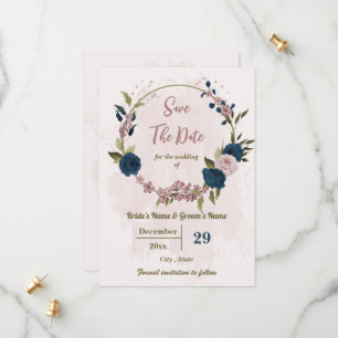 pink &navy blue flowers botanical wedding save the date