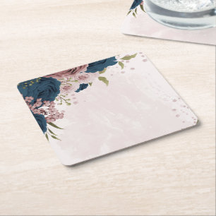 pink navy blue flowers botanical wedding square paper coaster
