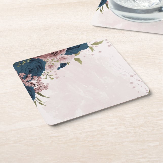 pink navy blue flowers botanical wedding square paper coaster (Angled)
