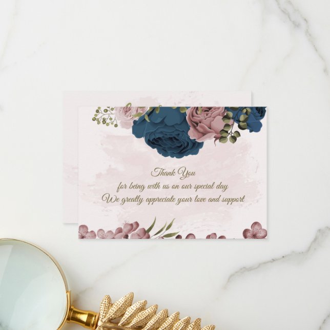 pink navy blue flowers botanical wedding thank you card (Front/Back In Situ)