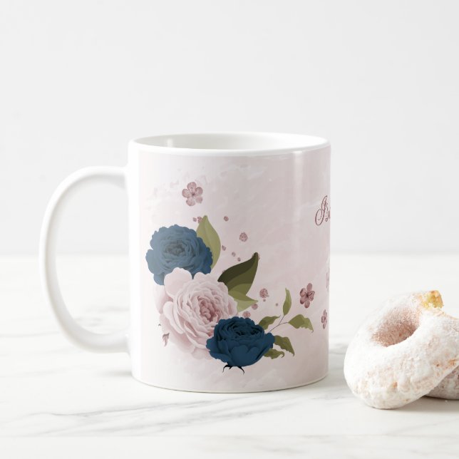 pink navy blue flowers  coffee mug (With Donut)