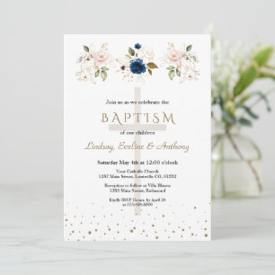 Pink Navy Blue Flowers Gold Triplets Baptism Invitation