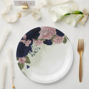pink & navy blue flowers greenery paper plates