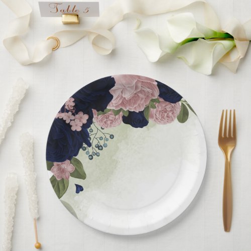 pink  navy blue flowers greenery paper plates