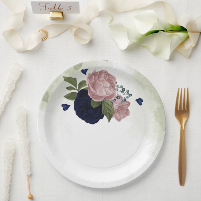 pink & navy blue flowers greenery paper plates (Wedding)