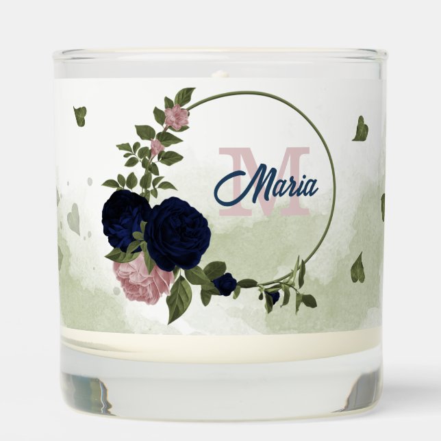 pink navy blue flowers greenery  scented candle (Front)
