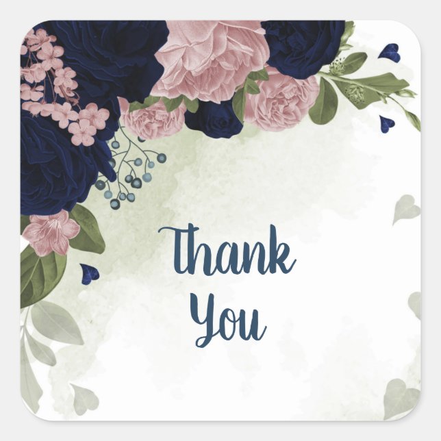 pink & navy blue flowers greenery square sticker (Front)