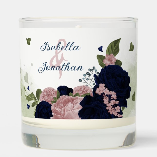 pink navy blue flowers greenery wedding scented candle (Front)