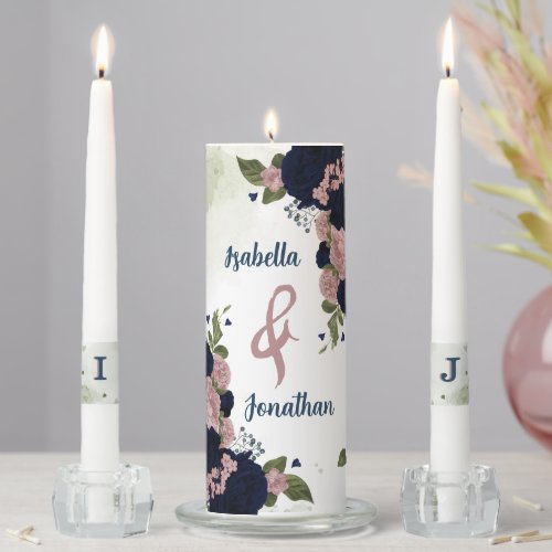 pink navy blue flowers greenery wedding unity candle set