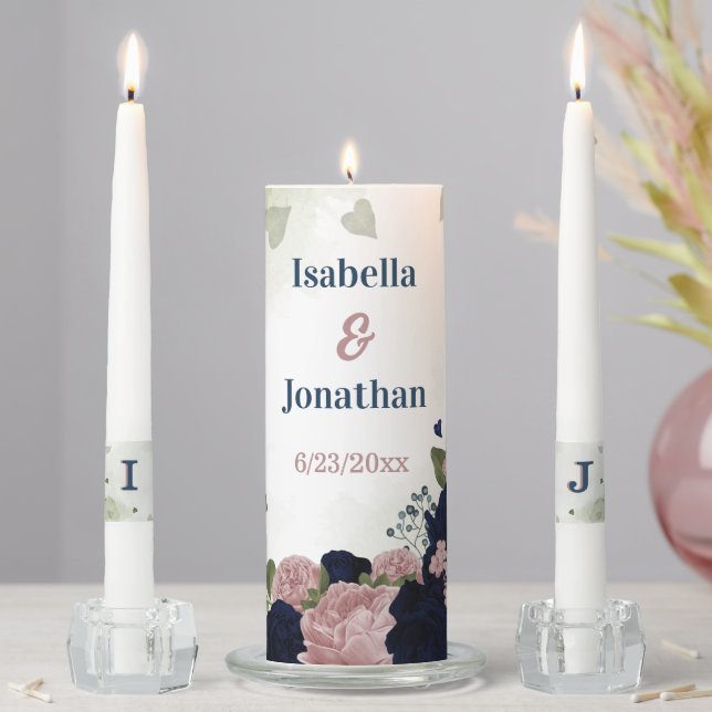 pink navy blue flowers greenery wedding unity candle set (In Situ)