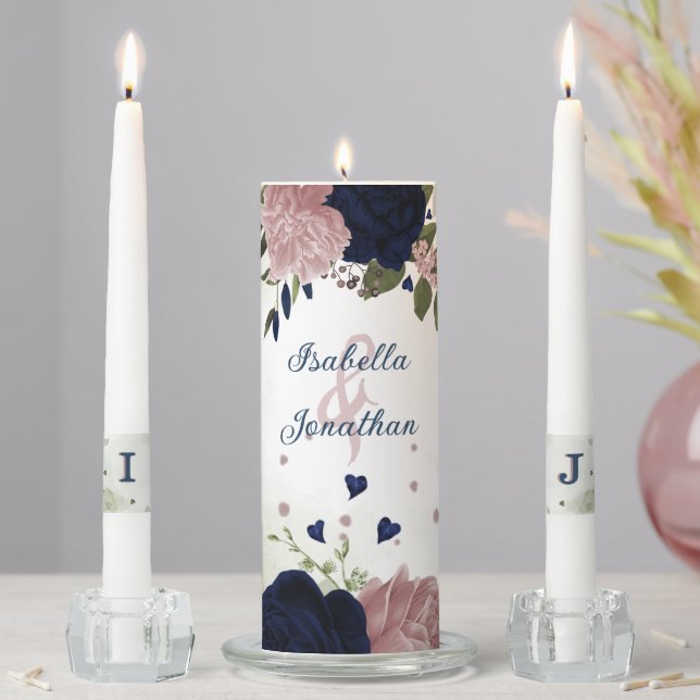 pink navy blue flowers greenery wedding unity candle set (In Situ)