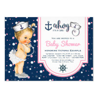 Pink Navy Blue Girl Nautical Baby Shower Card